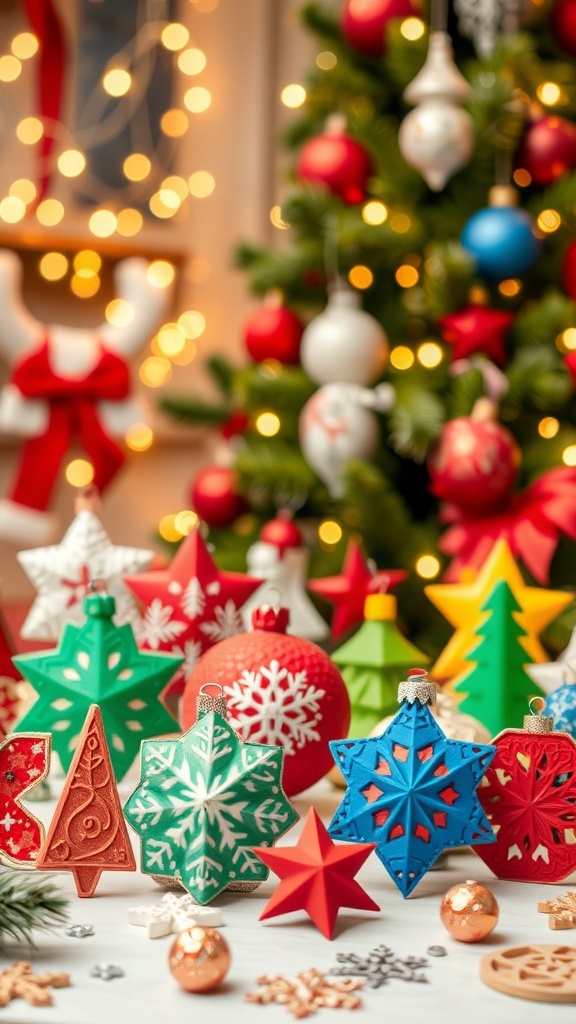3D Printed Christmas Ornaments Colorful 3D printed Christmas ornaments in various shapes on a festive table with a Christmas tree.